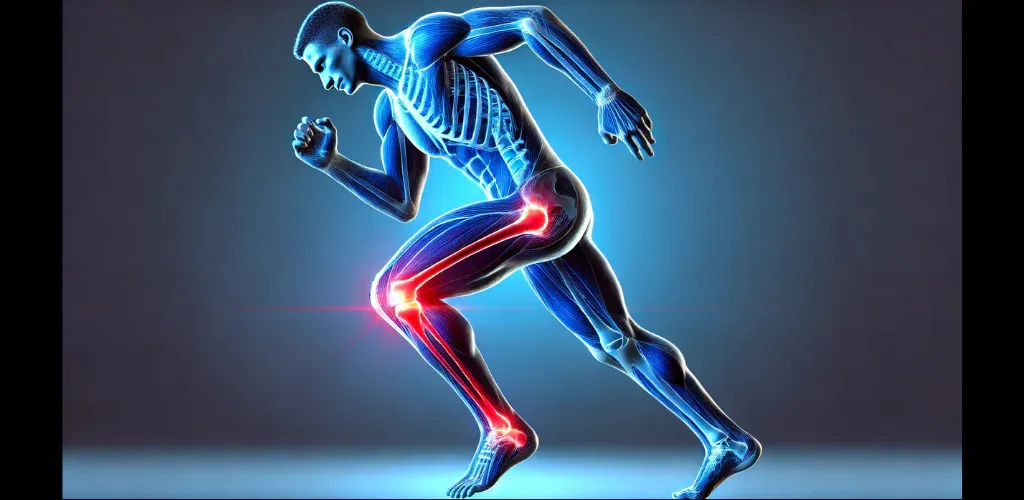 Illustration 3D d'un coureur aux muscles et os apparents, hanche, genou et cheville surlignés en rouge comme zones de blessure
